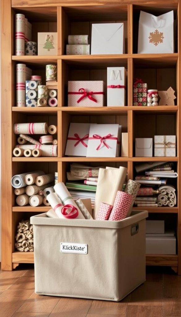 A well-organized and neatly arranged storage solution for gift wrapping supplies. The scene depicts a rustic wooden shelving unit, with various compartments and cubbies housing an assortment of gift wrap rolls, ribbons, cards, and gift bags. The lighting is soft and warm, creating a cozy, inviting atmosphere. In the foreground, a KlickKiste storage box sits prominently, showcasing its practical design and functionality. The overall aesthetic is natural, DIY-inspired, and evocative of a winter-themed Pinterest-worthy image.