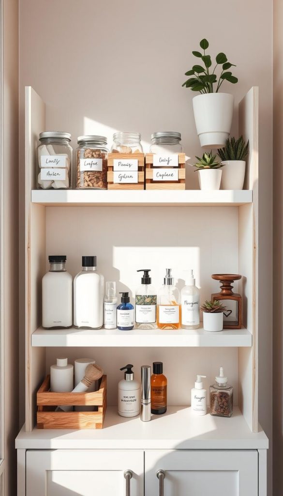 A well-organized bathroom shelving unit, the KlickKiste, bathed in warm, natural lighting. Crisp white and light wood tones create a clean, minimalist aesthetic. Neatly labeled glass jars and wooden crates hold an assortment of bath essentials, their contents clearly visible. The middle shelf displays carefully arranged personal care products, while the top shelf features potted plants and decorative accents, adding a touch of nature. The overall composition exudes a sense of order, functionality, and a Pinterest-inspired, DIY ambiance, perfect for illustrating the &amp;quot;Minimize - Organize - Tidy&amp;quot; concept.