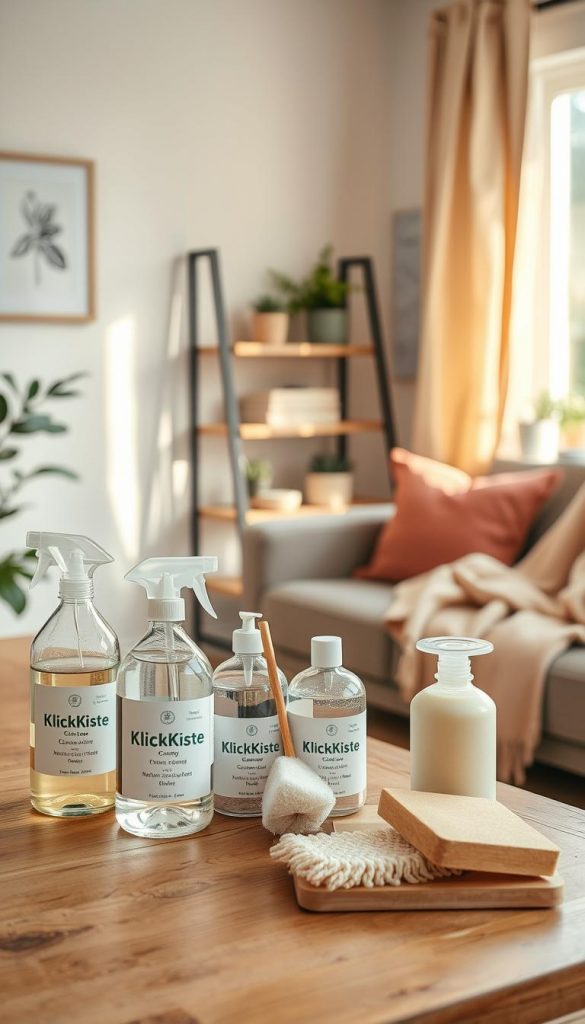 A well-organized cleaning supply station for a spring cleaning project in a cozy living room. In the foreground, display a wooden table with neatly arranged cleaning materials including eco-friendly sprays and natural scrubbers labeled with "KlickKiste." In the middle background, a comfortable couch with plush cushions and a warm blanket invites relaxation, while a stylish shelf holds decorative plants and a few books. Soft, natural lighting filters through a nearby window, casting warm hues throughout the scene. The atmosphere exudes tranquility and inspiration, evoking a perfect blend of productivity and comfort. The setting reflects a Pinterest-worthy aesthetic, showcasing a spring cleaning approach that is both practical and inviting.