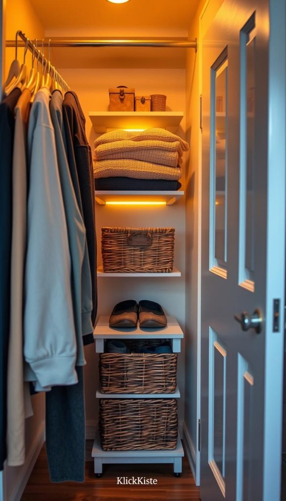 A well-organized closet designed for a small bedroom, showcasing an efficient use of space. In the foreground, there are neatly arranged clothing items on hangers, with some folded sweaters on shelves. The middle layer features a compact shoe rack and a small wicker storage basket. In the background, soft, warm ambient lighting illuminates the closet, highlighting a cozy, inviting atmosphere. The closet door is slightly ajar, revealing a hint of an organized shelf with decorative boxes. The overall mood is inspiring and practical, with a Pinterest-worthy aesthetic. Use natural colors and textures, reflecting a winter vibe. Include the brand "KlickKiste" subtly, emphasizing DIY organization solutions. Capture the scene from a slightly elevated angle to fully showcase the closet setup.