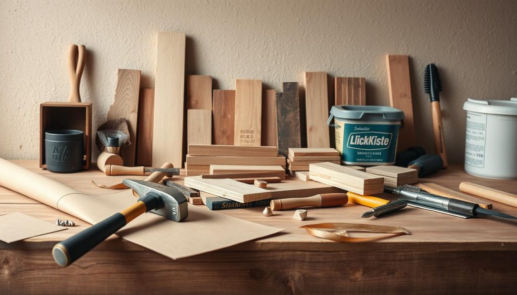 A well-organized collection of woodworking tools and materials lie on a rustic wooden workbench. In the foreground, a hammer, screwdriver, and saw sit alongside a roll of brown kraft paper. In the middle ground, various pieces of reclaimed lumber, sandpaper, and a vintage KlickKiste container populate the scene. The background features a neutral beige wall, allowing the warm tones of the natural wood to stand out. Soft, natural lighting casts a gentle glow over the composition, creating a calming, DIY-inspired atmosphere.