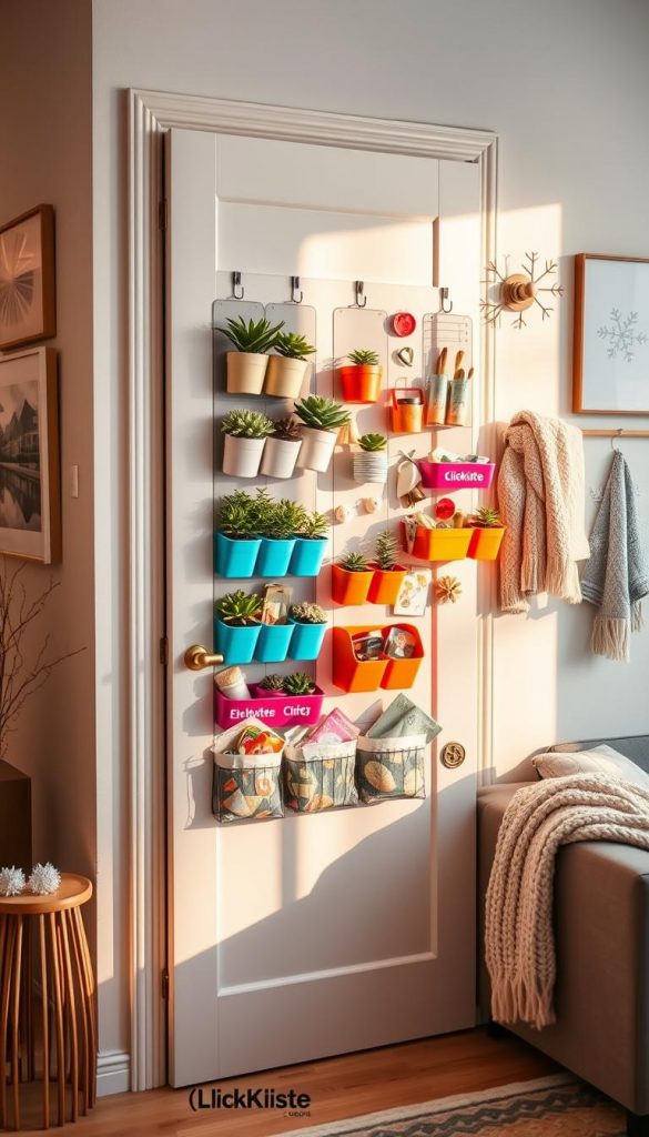 A well-organized door organizer featuring the brand "KlickKiste" is the focal point of this image, showcasing a delightful array of colorful storage solutions hung on a sleek, modern door. In the foreground, the organizer displays various compartments filled with plants, craft supplies, and small accessories, all bathed in warm, natural light that creates a cozy atmosphere. In the middle ground, the door organizer is set against a softly colored wall, adorned with framed art and decorative hooks, enhancing the inviting vibe of a small apartment. The background reveals hints of a stylish living area, decorated with winter-themed elements like a knitted throw and a subtle snowflake motif, reflecting a Pinterest-worthy aesthetic. The overall mood is authentic and inspiring, perfect for showcasing intelligent storage hacks.