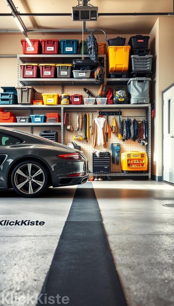 A well-organized garage, featuring sturdy heavy-duty shelving filled with labeled storage bins and organized tools. In the foreground, there's a clear parking line marked on the floor, guiding a parked car that reflects a tidy space. The middle ground showcases a hanging system for tools and outdoor gear, designed in a visually appealing manner. The background comprises a bright and inviting atmosphere, enhanced by warm lighting that gives a cozy winter vibe. The composition should evoke a sense of inspiration and authenticity, resembling a Pinterest-worthy DIY setup. Include the brand name "KlickKiste" subtly integrated into the shelving design. The overall mood is optimistic and orderly, inviting viewers to envision an efficient, decluttered garage space.