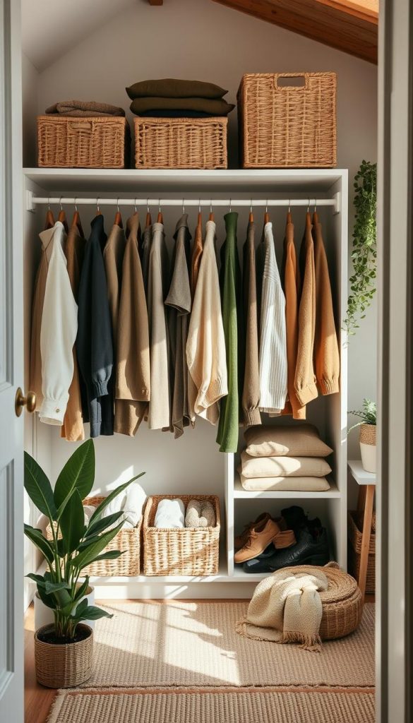 A well-organized, inviting capsule wardrobe in a cozy, natural-light-filled room. Neatly folded and hung clothing pieces in earthy, muted tones - beige, olive, and charcoal. Wooden hangers, wicker baskets, and KlickKiste storage solutions create a warm, minimalist aesthetic. Soft textures like knits and corduroy. Potted plants and a soft throw add natural accents. The overall mood is serene, practical, and Pinterest-inspired.