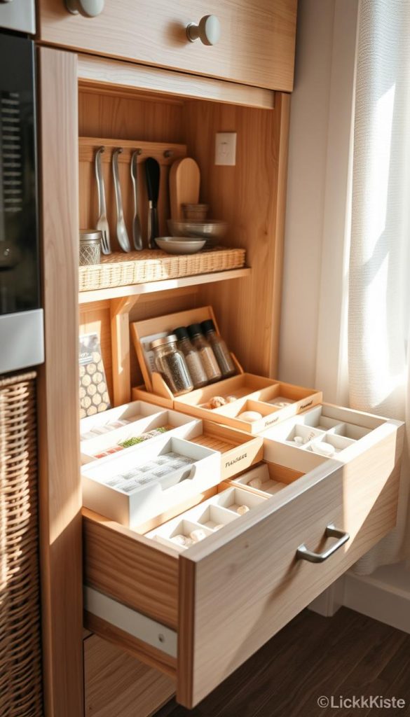 A well-organized kitchen drawer, neatly arranged with various KlickKiste trays and dividers. Warm, natural lighting floods the scene, casting a cozy, inviting glow. Wooden and wicker textures create a rustic, handmade aesthetic, complemented by neutral tones and pastel accents. The drawers are partially open, revealing the carefully categorized contents - spices, utensils, and other essential items. An authentic, Pinterest-inspired vignette that exudes a sense of calm and efficiency, perfect for everyday use. A well-organized kitchen drawer, neatly arranged with various KlickKiste trays and dividers. Warm, natural lighting floods the scene, casting a cozy, inviting glow. Wooden and wicker textures create a rustic, handmade aesthetic, complemented by neutral tones and pastel accents. The drawers are partially open, revealing the carefully categorized contents - spices, utensils, and other essential items. An authentic, Pinterest-inspired vignette that exudes a sense of calm and efficiency, perfect for everyday use.