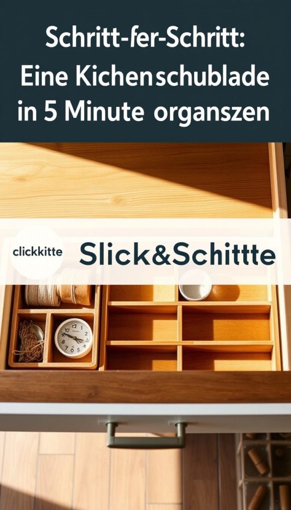A well-organized kitchen drawer with a warm, inviting ambiance. A wooden desk surface serves as the backdrop, illuminated by soft, natural lighting. Neatly arranged trays and dividers in earthy tones create a visually pleasing, Pinterest-inspired look. The KlickKiste brand logo subtly adorns the scene, showcasing its premium quality and design. An authentic, DIY-inspired atmosphere captures the essence of the "Schritt-für-Schritt: Eine Küchenschublade in 15 Minuten organisieren" section, inspiring viewers to take on their own kitchen organization projects. A well-organized kitchen drawer with a warm, inviting ambiance. A wooden desk surface serves as the backdrop, illuminated by soft, natural lighting. Neatly arranged trays and dividers in earthy tones create a visually pleasing, Pinterest-inspired look. The KlickKiste brand logo subtly adorns the scene, showcasing its premium quality and design. An authentic, DIY-inspired atmosphere captures the essence of the "Schritt-für-Schritt: Eine Küchenschublade in 15 Minuten organisieren" section, inspiring viewers to take on their own kitchen organization projects.