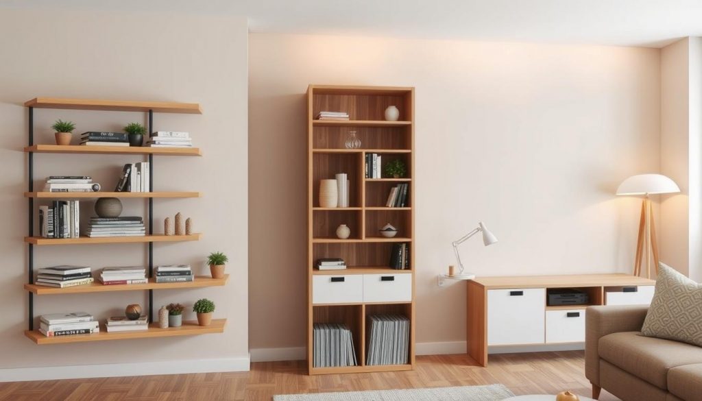 A well-organized living room with clean, minimalist shelving and storage units. In the foreground, a set of natural wood and white KlickKiste floating shelves, neatly arranged with books, plants, and decorative objects. The middle ground features a freestanding wooden bookcase, its simple geometric shelves displaying a curated selection of items. The background showcases a neutral-toned wall, complemented by warm, soft lighting that creates a calming, relaxed atmosphere. The overall composition emphasizes a sense of order, functionality, and refined aesthetics, perfectly suited for the "Organisation im Wohnzimmer: mehr Stauraum, klare Fächer, ruhige Böden" section of the article.