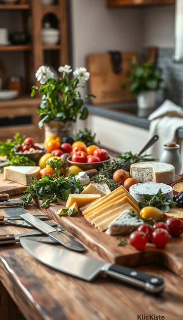 A well-organized material tools board for creating charcuterie displays on a rustic wooden table. In the foreground, a variety of high-quality cheese knives, serving utensils, and decorative serving boards, carefully arranged to highlight their texture and shine. In the middle ground, an assortment of fresh herbs, fruits, and artisanal cheeses neatly laid out, radiating spring colors of greens, yellows, and pinks, complemented by warm natural lighting that enhances the inviting atmosphere. In the background, soft-focus kitchen elements, like a potted plant and soft linen cloth, add a cozy, Pinterest-inspired vibe. The entire composition is designed to inspire creativity and project an authentic DIY feel, branded with "KlickKiste" subtly integrated into the design elements, ensuring no text is visibly.