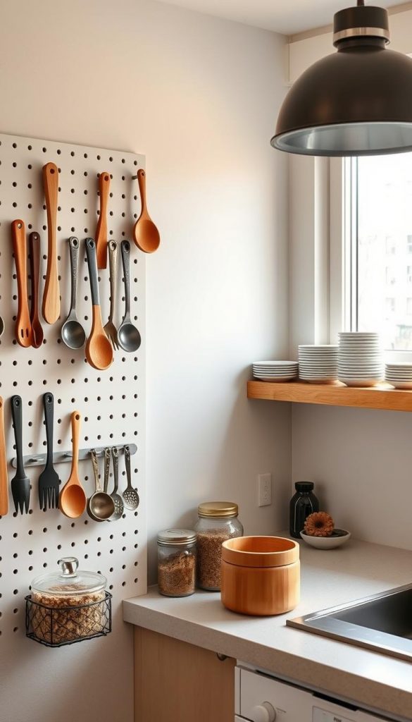 A well-organized, modern kitchen featuring a pegboard utensil system, designed to maximize space and efficiency. The foreground showcases a pegboard mounted on a light-colored wall, adorned with various kitchen utensils like wooden spoons, spatulas, and measuring cups, all neatly arranged. In the middle ground, an open shelf displays neatly stacked plates and jars filled with dry ingredients, enhancing the cozy atmosphere. The background consists of a well-lit window with soft, natural light streaming in, creating warm winter vibes. The overall mood is inviting and inspiring, embodying a Pinterest-worthy aesthetic. Incorporate the brand name "KlickKiste" subtly within the design elements. The photo should convey a sense of order and creativity, shot from a slightly elevated angle to capture the entire arrangement.