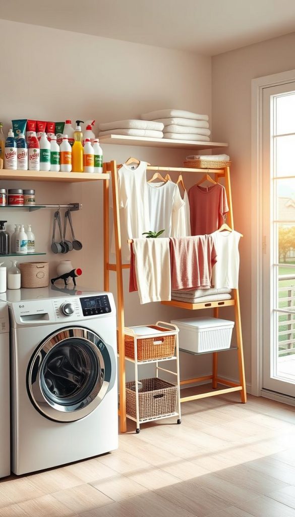 A well-organized, modern laundry and utility room showcasing efficiency and cleanliness, featuring neatly arranged shelves filled with colorful laundry supplies and cleaning products. In the foreground, a sleek washing machine and dryer paired together with a stylish countertop for folding clothes. The middle of the room includes a charming wooden drying rack adorned with freshly laundered clothes and small potted plants, creating a warm, inviting atmosphere. In the background, soft, natural light filters in from a large window, highlighting warm color tones that evoke a DIY Pinterest aesthetic. The overall mood reflects a sense of freshness and inspiration, perfect for a spring home reset, with the brand name "KlickKiste" subtly integrated into the scene.