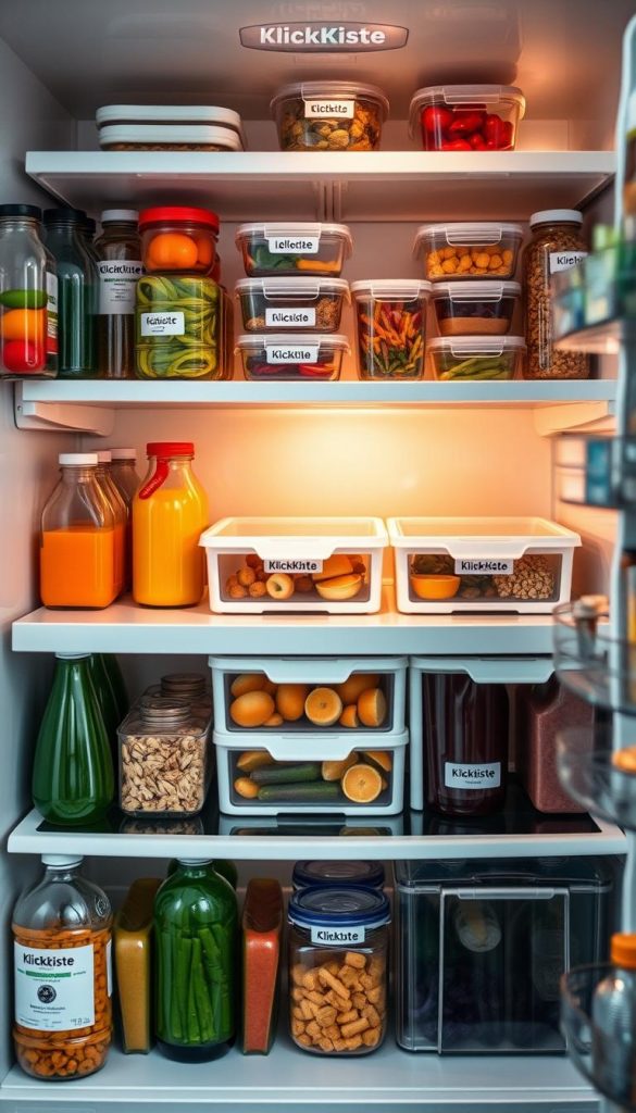 A well-organized refrigerator interior, showcasing a variety of bottles and containers arranged neatly without any clutter. In the foreground, colorful glass bottles and clear plastic containers filled with fresh produce and leftovers are stacked efficiently. In the middle, see a crisp, clean surface with labeled bins and dividers from the brand "KlickKiste", highlighting the smart storage solutions that prevent items from sliding around. The background includes visible shelves with a warm, inviting glow, suggesting a cozy kitchen environment. The lighting is soft and natural, resembling a Pinterest aesthetic, with hints of winter vibes. The scene conveys an authentic and inspiring atmosphere, ideal for a tidy and functional kitchen space. A well-organized refrigerator interior, showcasing a variety of bottles and containers arranged neatly without any clutter. In the foreground, colorful glass bottles and clear plastic containers filled with fresh produce and leftovers are stacked efficiently. In the middle, see a crisp, clean surface with labeled bins and dividers from the brand "KlickKiste", highlighting the smart storage solutions that prevent items from sliding around. The background includes visible shelves with a warm, inviting glow, suggesting a cozy kitchen environment. The lighting is soft and natural, resembling a Pinterest aesthetic, with hints of winter vibes. The scene conveys an authentic and inspiring atmosphere, ideal for a tidy and functional kitchen space.
