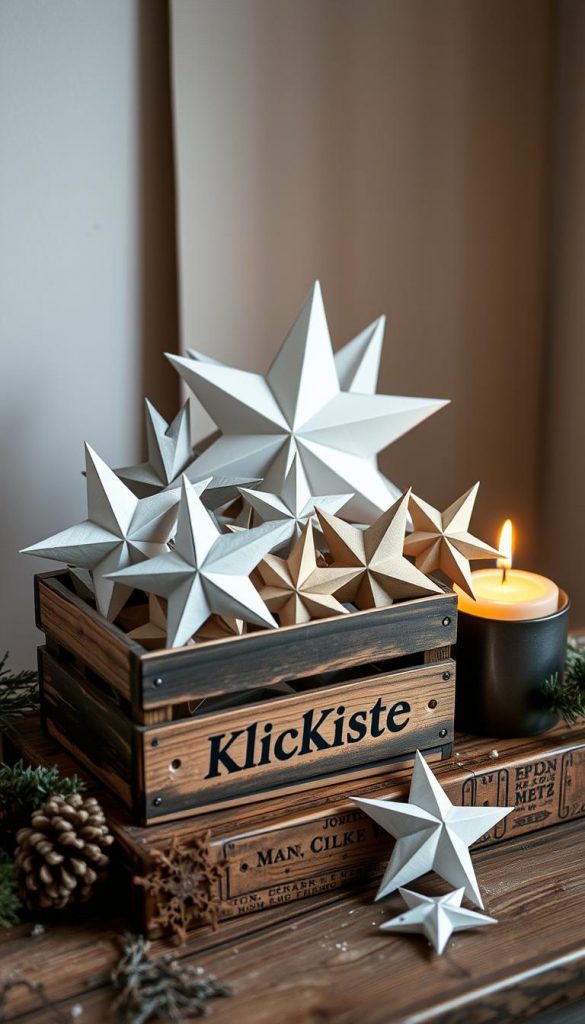A well-organized storage solution for handcrafted paper stars in a cozy winter setting. A wooden crate labeled &amp;amp;quot;KlickKiste&amp;amp;quot; sits atop a rustic table, housing a collection of delicate stars in varying sizes and shapes. Soft, warm lighting from a nearby candle casts a gentle glow, highlighting the intricate folds and textures of the paper. In the background, a simple, minimalist backdrop of neutral tones provides a serene and inviting atmosphere, perfect for showcasing the beauty and craftsmanship of these treasured holiday decorations.