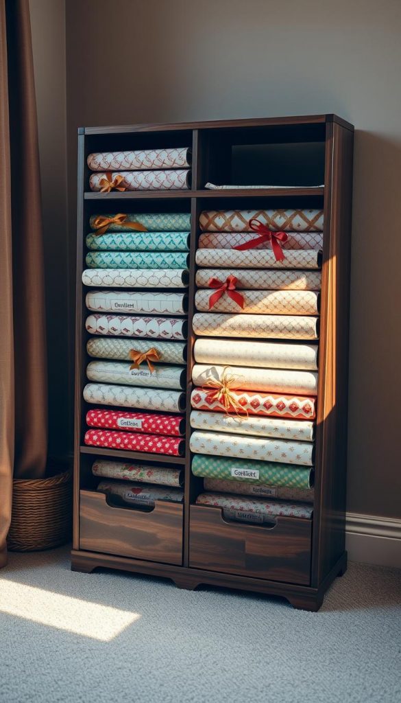 A well-organized, wooden gift wrap organizer stands prominently in a cozy, natural-lit room. Labeled compartments neatly display an array of colorful, patterned gift wrapping paper rolls, adorned with twine, ribbons, and bows. Soft, warm lighting casts a comforting glow, evoking a inviting, Pinterest-worthy ambiance. In the background, a muted, neutral-toned wall provides a serene backdrop. The organizer, branded as &quot;KlickKiste&quot;, is showcased in an authentic, inspiring manner, capturing the essence of efficient and stylish gift wrap storage.