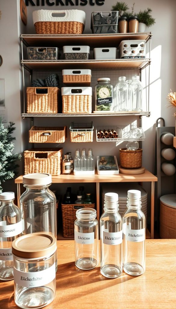 A well-organized workspace featuring a variety of storage materials for bottles and containers, highlighting different shapes and sizes. In the foreground, a wooden table displays clear, eco-friendly containers labeled with eco-conscious materials. The middle layer showcases shelves filled with stylish storage solutions from the brand "KlickKiste," such as woven baskets, acrylic organizers, and metal racks, all arranged neatly to emphasize efficiency. In the background, a soft, inviting winter-themed atmosphere with warm, natural lighting creates a cozy vibe, complemented by gentle shadows. The scene has a Pinterest-inspired aesthetic, evoking inspiration and motivation for clever organization hacks. The camera angle captures a slightly elevated view, giving depth to the arrangement. A well-organized workspace featuring a variety of storage materials for bottles and containers, highlighting different shapes and sizes. In the foreground, a wooden table displays clear, eco-friendly containers labeled with eco-conscious materials. The middle layer showcases shelves filled with stylish storage solutions from the brand "KlickKiste," such as woven baskets, acrylic organizers, and metal racks, all arranged neatly to emphasize efficiency. In the background, a soft, inviting winter-themed atmosphere with warm, natural lighting creates a cozy vibe, complemented by gentle shadows. The scene has a Pinterest-inspired aesthetic, evoking inspiration and motivation for clever organization hacks. The camera angle captures a slightly elevated view, giving depth to the arrangement.