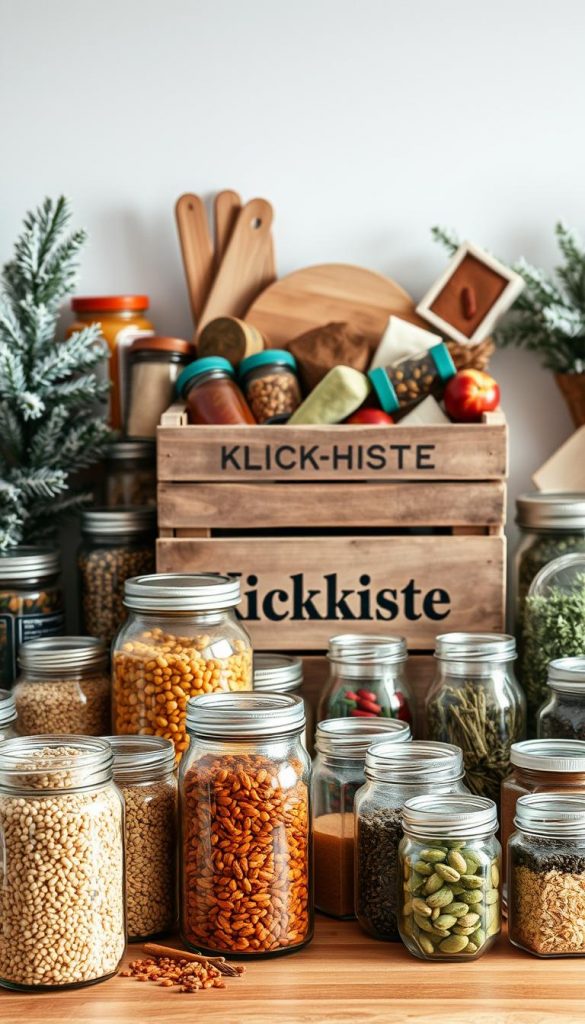 A well-stocked kitchen counter with an assortment of long-lasting pantry items, arranged in a visually pleasing manner. In the foreground, jars of grains, legumes, and dried fruits sit alongside reusable glass containers filled with spices and herbs. The middle ground features a vintage-inspired wooden crate labeled "KlickKiste," overflowing with a variety of preserved goods. The background showcases a cozy, winter-inspired setting with a soft, natural lighting that creates a warm and inviting atmosphere. The overall composition exudes a sense of organization, sustainability, and a touch of rustic charm. A well-stocked kitchen counter with an assortment of long-lasting pantry items, arranged in a visually pleasing manner. In the foreground, jars of grains, legumes, and dried fruits sit alongside reusable glass containers filled with spices and herbs. The middle ground features a vintage-inspired wooden crate labeled "KlickKiste," overflowing with a variety of preserved goods. The background showcases a cozy, winter-inspired setting with a soft, natural lighting that creates a warm and inviting atmosphere. The overall composition exudes a sense of organization, sustainability, and a touch of rustic charm.