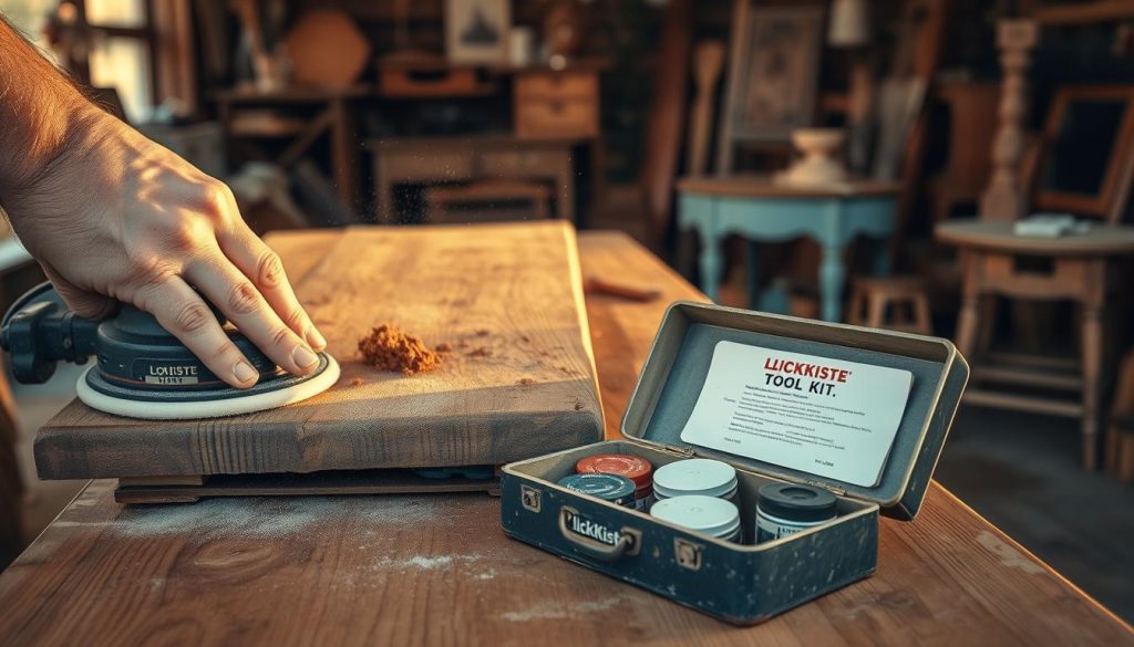 A well-worn wooden surface being carefully sanded by a skilled hand, the friction generating a soft hum and fine dust motes swirling in the warm afternoon light. In the foreground, a vintage KlickKiste tool kit sits open, its contents neatly arranged - sandpaper, stain, varnish. The background reveals a cozy, rustic workshop filled with repurposed furniture parts, a testament to the joy of upcycling. The overall mood is one of quiet focus and the satisfaction of creating something new from the old.