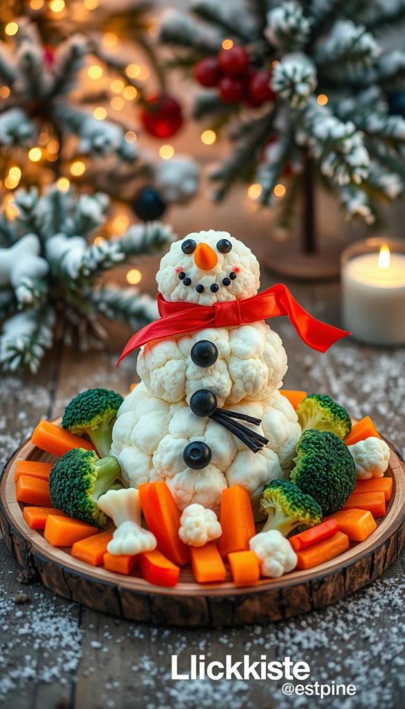 A whimsical Christmas veggie tray arranged in the shape of a snowman, with carrot buttons, broccoli and cauliflower florets, radish eyes, and a bell pepper scarf. The tray is set on a rustic wooden table, with a cozy winter scene in the background - a dusting of snow, pine branches, and warm holiday lighting. The overall feel is natural, homemade, and Pinterest-worthy, with the KlickKiste brand adding a touch of authenticity and inspiration.
