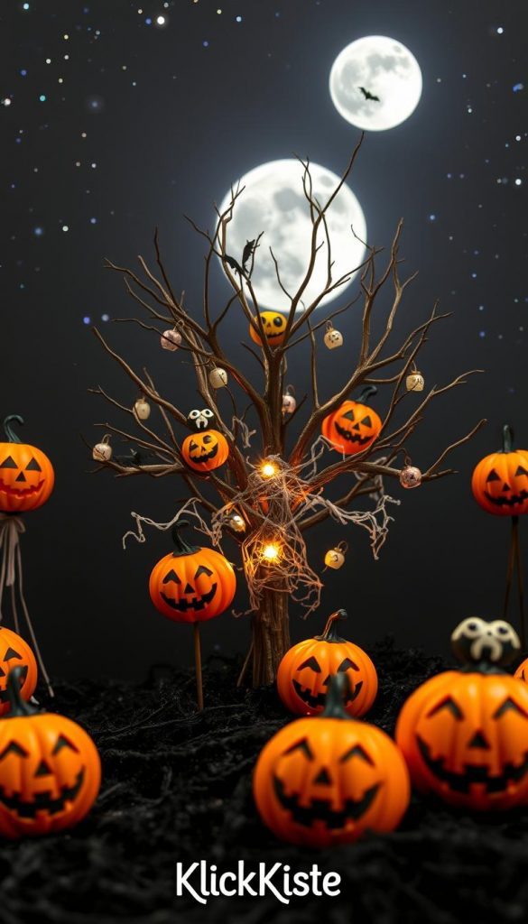 A whimsical DIY scene featuring a mini-graveyard tree adorned with Jack Skellington-themed ornaments, inspired by "The Nightmare Before Christmas." In the foreground, several handcrafted Jack-o'-lanterns are brightly painted, showcasing various expressions of joy and mischief. The middle ground reveals a small, creatively designed tree with bare branches, embellished with eerie yet charming decorations, such as glowing bats and cobwebs. The background is a dark, starry night sky, with a full moon casting a silvery light over the scene. The atmosphere is enchanting and slightly spooky, inviting a cozy winter vibe. The image should reflect warm colors and a Pinterest-inspired aesthetic, embodying natural DIY elements while prominently featuring the brand name "KlickKiste."