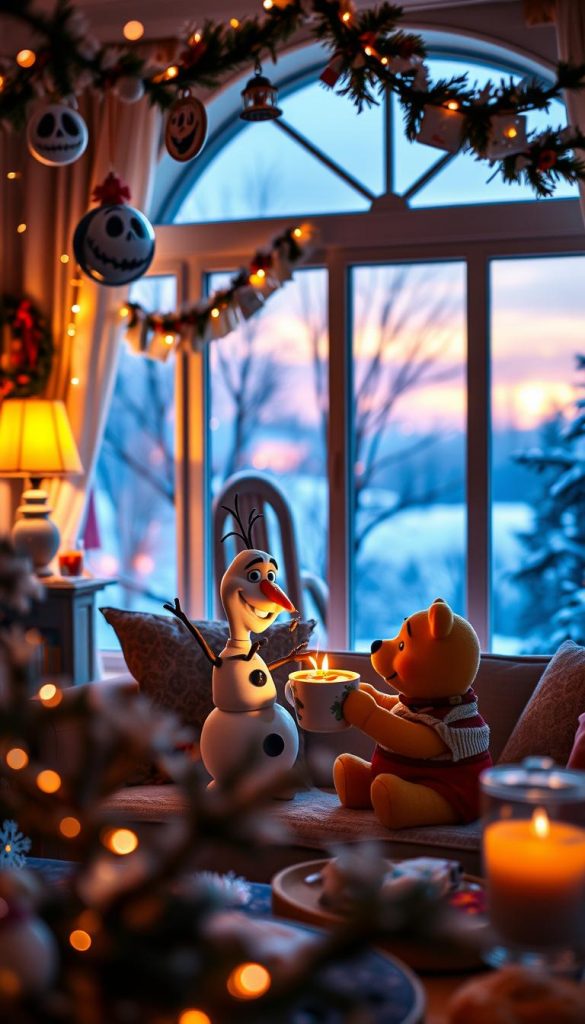 A whimsical and enchanting scene combining iconic Disney worlds, focusing on a cozy, inviting winter atmosphere. In the foreground, display a beautifully decorated living room featuring DIY decorations inspired by "Nightmare Before Christmas," with Jack Skellington ornaments and warm fairy lights. The middle ground showcases beloved characters like Olaf from "Frozen" sharing a cup of hot cocoa with Winnie the Pooh, surrounded by snowflakes and gentle winter elements. In the background, a window reveals a snowy landscape, illuminated by a soft, warm glow as twilight approaches. The overall mood is festive and magical, filled with nostalgia and warmth, perfect for a winter celebration. The image should capture the essence of Disney's charm while highlighting the cozy, creative spirit of KlickKiste, with natural, warm colors and inviting details.