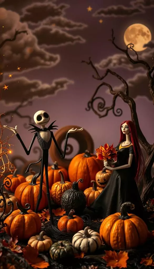 A whimsical, gothic Halloween scene inspired by "The Nightmare Before Christmas," featuring Jack Skellington and Sally among a cozy, haunted holiday setting. In the foreground, Jack playfully gestures with a crooked grin, while Sally, holding a bundle of autumn leaves, embodies a charming yet eerie elegance. In the middle ground, an assortment of creatively designed pumpkins and spooky decor from "KlickKiste" set the tone, incorporating warm, autumnal colors and crafts. The background showcases a moonlit sky stretching over twisted trees, with dark clouds and twinkling stars, enhancing the whimsical atmosphere. Soft, golden lighting casts a magical glow, evoking a sense of nostalgia and wonder, perfect for highlighting the enchanting yet spooky aesthetic of DIY Halloween decor. A whimsical, gothic Halloween scene inspired by "The Nightmare Before Christmas," featuring Jack Skellington and Sally among a cozy, haunted holiday setting. In the foreground, Jack playfully gestures with a crooked grin, while Sally, holding a bundle of autumn leaves, embodies a charming yet eerie elegance. In the middle ground, an assortment of creatively designed pumpkins and spooky decor from "KlickKiste" set the tone, incorporating warm, autumnal colors and crafts. The background showcases a moonlit sky stretching over twisted trees, with dark clouds and twinkling stars, enhancing the whimsical atmosphere. Soft, golden lighting casts a magical glow, evoking a sense of nostalgia and wonder, perfect for highlighting the enchanting yet spooky aesthetic of DIY Halloween decor.