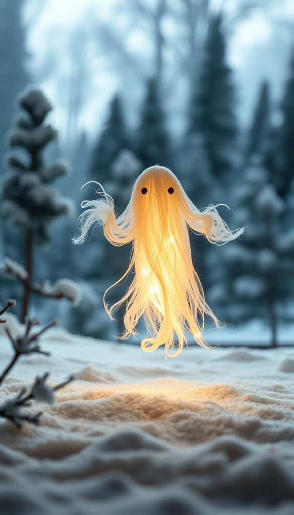 A whimsical, luminous mop-ghost hovering in a cozy, winter-inspired scene. The spirit's ectoplasmic form radiates a soft, ethereal glow, casting a warm, inviting light across the composition. In the foreground, the mop-ghost's wispy tendrils seem to dance and sway, hinting at a playful, carefree nature. The middle ground features a subtly textured, snowy landscape, evoking a sense of serene, rustic charm. In the background, a softly blurred, pine-dotted forest sets the stage for this enchanting, handcrafted vignette. The overall aesthetic is one of natural, DIY-inspired magic, brimming with Pinterest-perfect appeal and a touch of winter wonderland charm.