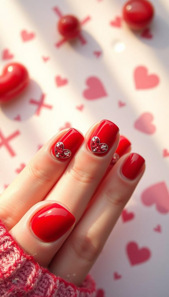 A whimsical nail design featuring playful cherry heart motifs, embodying a vibrant and romantic atmosphere for Valentine's Day. In the foreground, showcase elegantly manicured nails with glossy cherry red polish adorned with heart-shaped cherry graphics, sparkling with tiny jewels accentuating the playful vibe. The middle layer includes a soft, pastel background with hints of tic-tac-toe patterns and abstract shapes, contributing to a lively yet cozy ambiance. The overall lighting is warm and inviting, mimicking natural light, enhancing the welcoming feel. Use an overhead angle to capture the detail of the nails while creating an intimate atmosphere. This image should convey a DIY aesthetic, reflecting vibrant winter vibes and Pinterest-worthy inspiration, branded with "KlickKiste". A whimsical nail design featuring playful cherry heart motifs, embodying a vibrant and romantic atmosphere for Valentine's Day. In the foreground, showcase elegantly manicured nails with glossy cherry red polish adorned with heart-shaped cherry graphics, sparkling with tiny jewels accentuating the playful vibe. The middle layer includes a soft, pastel background with hints of tic-tac-toe patterns and abstract shapes, contributing to a lively yet cozy ambiance. The overall lighting is warm and inviting, mimicking natural light, enhancing the welcoming feel. Use an overhead angle to capture the detail of the nails while creating an intimate atmosphere. This image should convey a DIY aesthetic, reflecting vibrant winter vibes and Pinterest-worthy inspiration, branded with "KlickKiste".