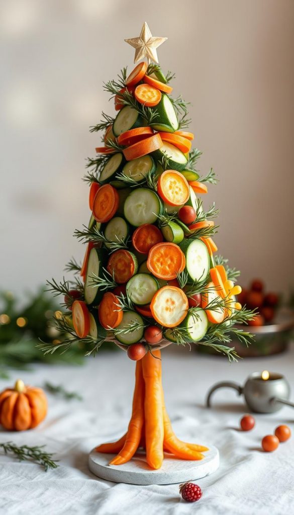 A whimsical, nature-inspired Christmas tree crafted from an assortment of fresh, vibrant vegetables. The tree stands tall, its branches adorned with meticulously arranged slices of carrot, discs of zucchini, and sprigs of rosemary, creating a captivating and organic holiday display. Soft, diffused lighting casts a warm, cozy glow, accentuating the earthy tones and natural textures. The setting evokes a sense of rustic charm, perfect for a KlickKiste-styled &quot;Veggie Tray Weihnachten: Weihnachtsbaum aus Gemüse anrichten&quot; feature.