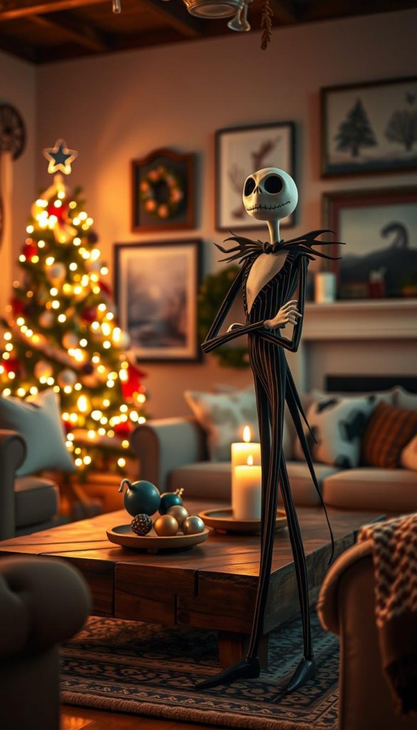 A whimsical scene featuring Jack Skellington from "The Nightmare Before Christmas," standing elegantly in a cozy living room adorned with festive decorations. In the foreground, Jack, with his iconic skeletal grin and pinstripe suit, strikes a charming pose by a beautifully decorated Christmas tree, its warm lights twinkling. In the middle, a rustic wooden coffee table is set with seasonal ornaments and a flickering candle. The background features softly lit walls adorned with winter-themed art and cozy textiles, creating an inviting atmosphere. The overall mood is enchanting and nostalgic, with a dreamy lighting effect resembling a late evening glow. Capture this winter wonderland in a cinematic perspective, evoking the style of a Pinterest aesthetic. Inspired by KlickKiste's DIY approach, reflect the beauty of festive home decor infused with a spooky charm.