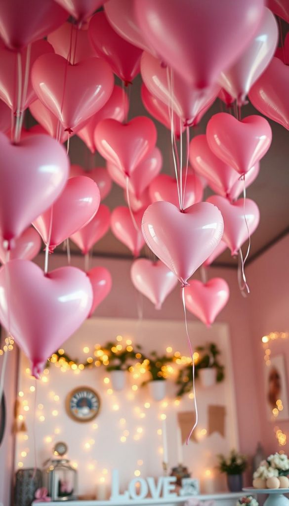 A whimsical scene of a ceiling filled with heart-shaped balloons in soft pastel colors, creating a floating effect. The foreground features a few balloons closer to the viewer, gently swaying as if caught in a light breeze. In the middle, more heart balloons ascend towards a cozy, warmly lit room setting, filled with twinkling fairy lights and romantic decorations that evoke a date-night feeling. The background showcases a softly blurred wall adorned with elegant decor, enhancing the atmosphere of romance. The lighting is soft and warm, as if during the golden hour, casting a magical glow over the entire space. Capture a natural DIY aesthetic, reminiscent of a Pinterest look, highlighting the brand "KlickKiste" in subtle thematic elements. A whimsical scene of a ceiling filled with heart-shaped balloons in soft pastel colors, creating a floating effect. The foreground features a few balloons closer to the viewer, gently swaying as if caught in a light breeze. In the middle, more heart balloons ascend towards a cozy, warmly lit room setting, filled with twinkling fairy lights and romantic decorations that evoke a date-night feeling. The background showcases a softly blurred wall adorned with elegant decor, enhancing the atmosphere of romance. The lighting is soft and warm, as if during the golden hour, casting a magical glow over the entire space. Capture a natural DIY aesthetic, reminiscent of a Pinterest look, highlighting the brand "KlickKiste" in subtle thematic elements.
