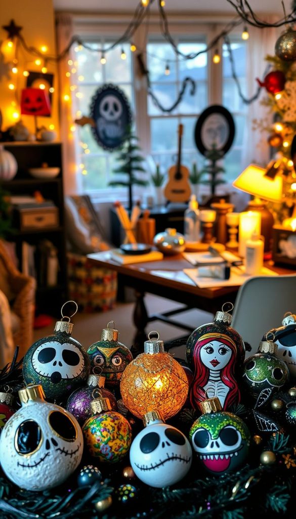 A whimsical upcycling scene inspired by "The Nightmare Before Christmas," featuring beautifully transformed old glass ornaments. In the foreground, an artistic display showcases ornaments painted with ghostly faces, vibrant colors, and intricate patterns that echo the film's characters, like Jack Skellington and Sally. The middle ground features a cozy, warmly lit workspace cluttered with crafting supplies&mdash;paintbrushes, glitter, and glue, alongside half-finished ornaments. In the background, a softly lit winter-themed room with decorations like string lights and faux snowflakes creates a charming atmosphere. The color palette is rich with dark greens and purples contrasted by warm golds and whites, evoking a Halloween-meets-Christmas vibe. Use natural lighting to enhance the cozy, DIY feel, emphasizing an authentic Pinterest-worthy aesthetic. Source inspiration from "KlickKiste."