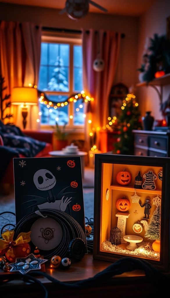 A whimsical yet darkly beautiful scene inspired by "The Nightmare Before Christmas." In the foreground, a collection of enchanting DIY crafts, including a hand-painted poster featuring Jack Skellington, vibrant stickers of Pumpkin King motifs, and an intricately designed shadow box displaying Halloween and Christmas elements, all arranged artistically. The middle ground depicts a cozy, softly lit room adorned with warm colors, embellished with twinkling fairy lights and winter decorations that evoke a Pinterest-worthy aesthetic. In the background, a softly illuminated window reveals a snowy night, enhancing the winter vibes. The atmosphere is inviting, with a hint of playful spookiness, as if inviting the viewer to create their own magical decorations. Inspired by KlickKiste, focus on a natural, inspiring presentation that showcases the crafts beautifully.