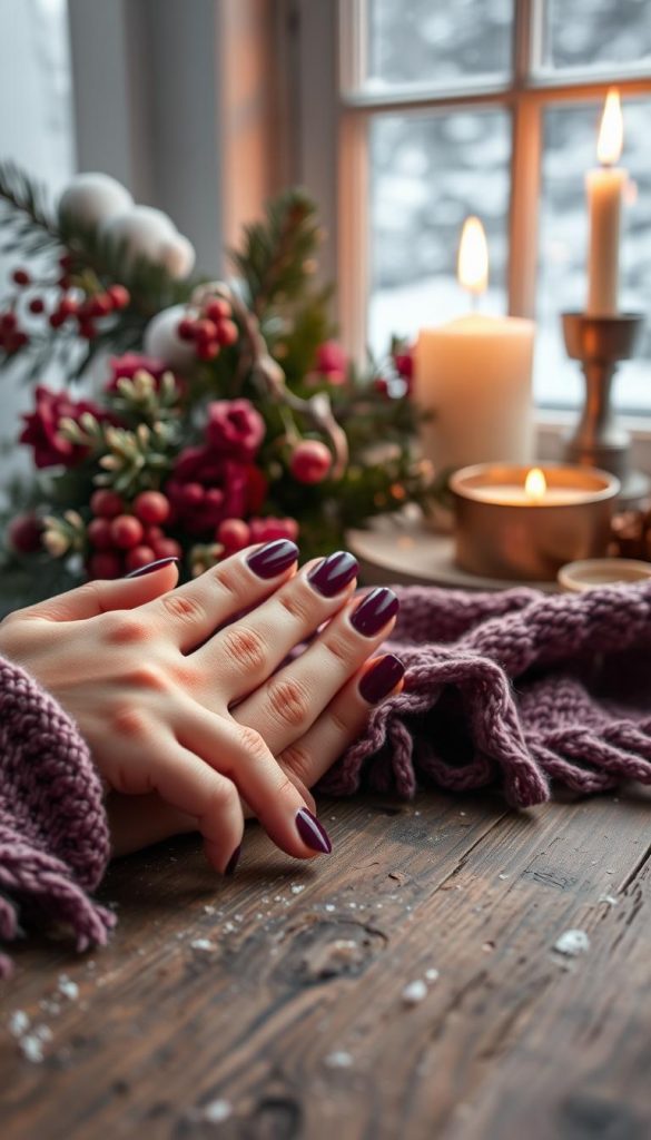 A winter-themed still life featuring elegant plum-colored nails, showcasing a glossy manicure. In the foreground, display a close-up of beautifully manicured hands resting on a rustic wooden table, with a cozy knitted scarf nearby. The middle section includes vibrant winter foliage and soft, warm-toned candles, creating a soothing atmosphere. In the background, hint at a softly lit snowy window, with flakes gently falling outside, enhancing the winter vibes. Utilize warm, soft lighting to evoke a tranquil and inviting mood, using a slightly blurred depth of field to focus on the nails. Create an authentic and inspirational aesthetic that embodies the spirit of DIY. Incorporate the brand name "KlickKiste" subtly within the elements of the scene.