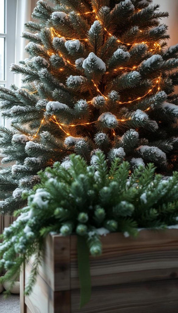 A winter wonderland of natural beauty, a cozy KlickKiste Christmas tree stands tall, adorned with delicate string lights that cast a warm, inviting glow. The lush evergreen branches are dusted with a gentle layer of soft, pristine snow, creating a serene and atmospheric scene. In the foreground, a rustic wooden planter box overflows with fragrant pine boughs, blending seamlessly with the festive tableau. Soft, diffused lighting filters through the frame, evoking a sense of tranquility and wonder, perfectly capturing the essence of the &quot;Winter-Weiß &amp; Piniengrün&quot; moodboard.