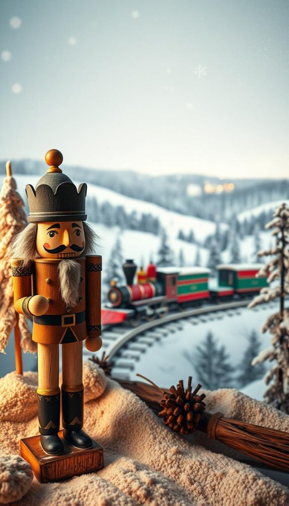 A winter wonderland scene with a classic wooden nutcracker, a vintage train, and a cozy snowy landscape. Warm lighting casts a soft glow, highlighting the chalk-drawn textures and organic shapes. Delicate snowflakes drift in the air, adding to the festive, handcrafted ambiance. The focal point is a large nutcracker figure in the foreground, standing guard over the whimsical tableau. In the middle ground, a vintage train locomotive pulls colorful cars through a serene, snowy forest. In the background, rolling hills are blanketed in pristine white, with a hint of a twinkling village in the distance. The overall aesthetic is rustic, natural, and full of old-world charm, perfect for a heartwarming holiday craft project.