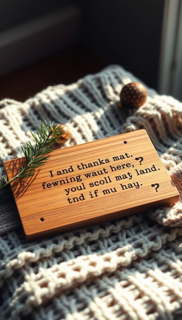 A wooden plaque with a thoughtful engraved message rests on a cozy knit blanket. Natural light filters in, casting a warm glow on the personalized gift. The wooden surface is textured, with the engraved letters standing out subtly. A sprig of pine and a few festive ornaments add a touch of winter cheer, creating a rustic, Pinterest-inspired scene. The image has a muted, authentic feel, inspiring the viewer to consider a meaningful, handmade present for the special man in their life.
