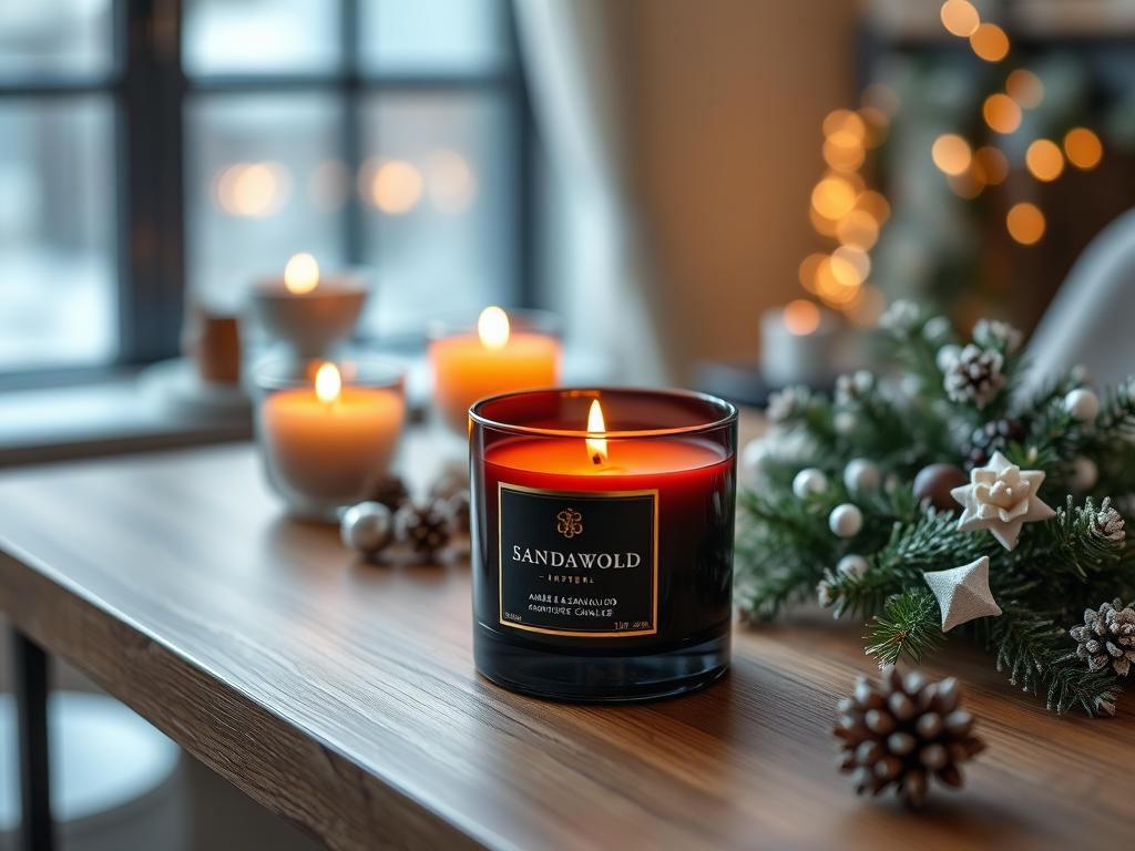 Amber & Sandelholz Signature-Kerze in luxuriösem Glasgefäß auf dunklem Holztisch mit winterlicher Dekoration