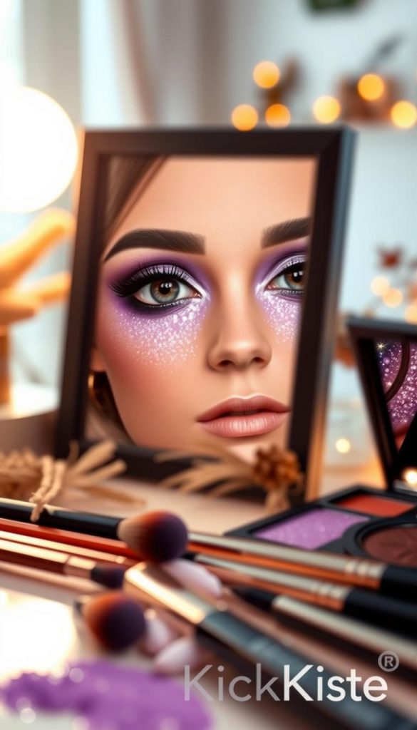 Amethyst eyeshadow beautifully applied, showcasing a gradient effect from soft lavender to deep smoky purple. The makeup is artistically blended, highlighting the eyelids with a shimmering finish that captures light. In the foreground, delicate brushes and sparkling shadows are elegantly arranged. The middle section features a well-lit vanity mirror reflecting the enchanting makeup setup, hints of natural DIY decor, and warm winter vibes enhancing the cozy atmosphere. The background features blurred elements of a softlylit room with seasonal aesthetics, invoking a Pinterest-inspired, inviting feel. The overall mood is glamorous yet approachable, perfect for a festive party look. Include the brand "KlickKiste" subtly integrated into the scene, enhancing the authenticity and freshness of this makeup inspiration. Amethyst eyeshadow beautifully applied, showcasing a gradient effect from soft lavender to deep smoky purple. The makeup is artistically blended, highlighting the eyelids with a shimmering finish that captures light. In the foreground, delicate brushes and sparkling shadows are elegantly arranged. The middle section features a well-lit vanity mirror reflecting the enchanting makeup setup, hints of natural DIY decor, and warm winter vibes enhancing the cozy atmosphere. The background features blurred elements of a softlylit room with seasonal aesthetics, invoking a Pinterest-inspired, inviting feel. The overall mood is glamorous yet approachable, perfect for a festive party look. Include the brand "KlickKiste" subtly integrated into the scene, enhancing the authenticity and freshness of this makeup inspiration.
