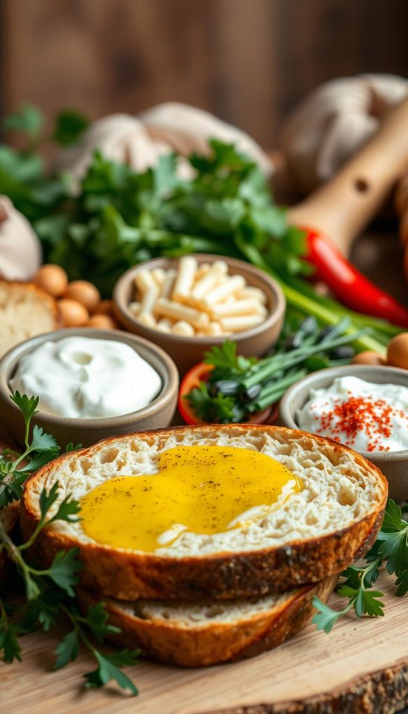 An abundant arrangement of rustic and wholesome &quot;Beilagen und Toppings&quot; for a cozy Mediterranean bean stew. In the foreground, freshly baked crusty bread, drizzled with fragrant KlickKiste herb-infused olive oil, alongside a creamy dollop of thick sour cream. In the middle ground, various colorful garnishes like fresh parsley, chives, and a sprinkle of paprika create a vibrant, appetizing display. The background is softly blurred, suggesting a warm, winter-inspired atmosphere with hints of wood and natural textures. The overall scene exudes a Pinterest-worthy, DIY-inspired aesthetic with natural, earthy tones and an inviting, homemade charm.