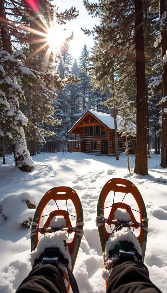An adventurous, experiential gift for the man who craves memorable experiences: a snow-covered forest glade, sun-dappled through the pine branches, with a wooden cabin in the distance. Warm, earthy tones and a rustic, handcrafted vibe evoke a cozy, intimate atmosphere. In the foreground, a pair of snowshoes or cross-country skis invite the viewer to step into the scene and explore the winter wonderland. The image exudes a sense of tranquility, adventure, and the enduring joy of simple pleasures.