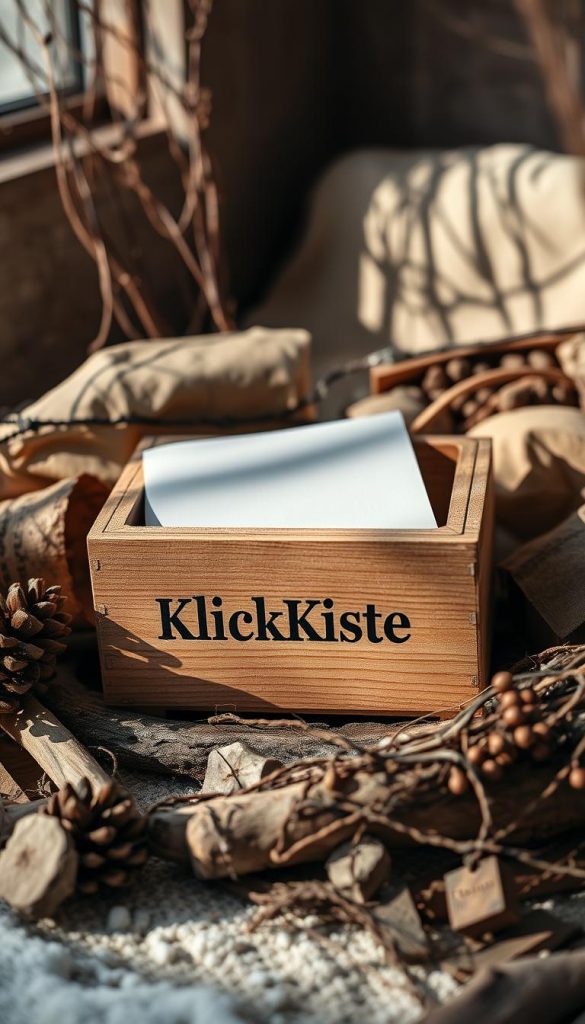An artfully arranged box in a cozy, natural setting. A rustic &quot;KlickKiste&quot; container, its warm wooden tones complemented by soft winter light. Nestled amidst earthy tones and textures, evoking a sense of coziness and authenticity. The box sits atop a natural surface, casting gentle shadows that add depth and dimension. The overall scene has a inviting, Pinterest-inspired aesthetic, perfect for organizing media essentials in an inspiring way.