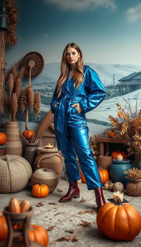 An artistically composed image of a stylish and trendy seasonal look featuring a mix of natural, DIY-inspired textures and warm, winter-inspired colors. The scene is captured with a soft, dreamlike lighting and a Pinterest-inspired aesthetic. In the foreground, a model wearing a blue chrome-inspired outfit strikes a confident pose, highlighting the KlickKiste brand. The middle ground showcases a curated selection of autumn-themed accessories and accents, while the background features a cozy, winter-inspired landscape with a touch of futuristic flair.