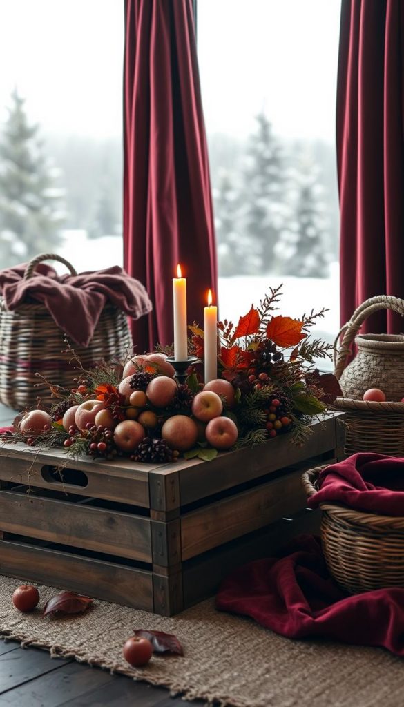 An autumnal still life featuring rich burgundy hues, natural textures, and a cozy winter atmosphere. In the foreground, a rustic KlickKiste wood crate holds an assortment of seasonal fruits, foliage, and candlesticks, casting a warm, ambient glow. The middle ground showcases velvety drapery in a deep, earthy burgundy, complemented by woven baskets and tarnished metallic accents. In the background, a muted, snowy landscape with a hint of evergreen pines, captured through a soft, diffused lens. The overall mood is one of understated elegance, inviting the viewer to explore the harmonious interplay of color, form, and materiality.