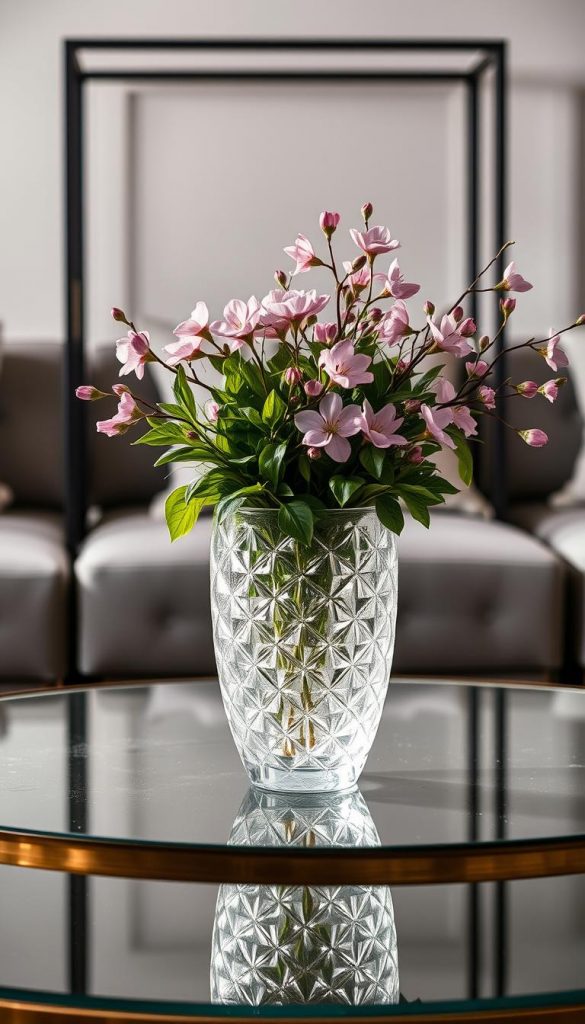 An elegant and cozy still life arrangement featuring a KlickKiste coffee table adorned with an enchanting mix of on-trend &quot;Rosa Smaragd&quot; colors. In the foreground, a lush, crystalline vase filled with verdant foliage and delicate pink blooms rests upon a lustrous glass surface, casting warm reflections. Behind it, a sleek metal frame accented with tarnished brass elements provides a stylish contrast. The overall mood is one of refined sophistication, capturing the essence of the &quot;Rosa trifft Smaragd, Glas trifft Metall&quot; design concept. Soft, diffused lighting illuminates the scene, creating a serene and inviting wintertime ambiance.