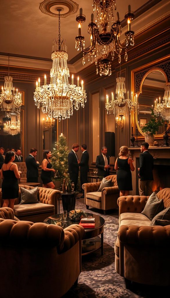 An elegant and festive Silvesterparty with a glitzy, glamorous atmosphere. The scene depicts a luxurious living room or event space, filled with plush velvet furniture, sparkling chandeliers, and a grand fireplace. Sophisticated partygoers in formal attire mingle amidst a backdrop of warm, inviting lighting and hints of gold, silver, and black accents. A sense of refined opulence and celebratory energy permeates the space, evoking the timeless charm of a Great Gatsby-inspired New Year's Eve soirée. Soft, diffused lighting creates a dreamy, cinematic mood, while the overall composition highlights the cozy, intimate yet decadent ambiance of the Motto-Silvester event. An elegant and festive Silvesterparty with a glitzy, glamorous atmosphere. The scene depicts a luxurious living room or event space, filled with plush velvet furniture, sparkling chandeliers, and a grand fireplace. Sophisticated partygoers in formal attire mingle amidst a backdrop of warm, inviting lighting and hints of gold, silver, and black accents. A sense of refined opulence and celebratory energy permeates the space, evoking the timeless charm of a Great Gatsby-inspired New Year's Eve soirée. Soft, diffused lighting creates a dreamy, cinematic mood, while the overall composition highlights the cozy, intimate yet decadent ambiance of the Motto-Silvester event.