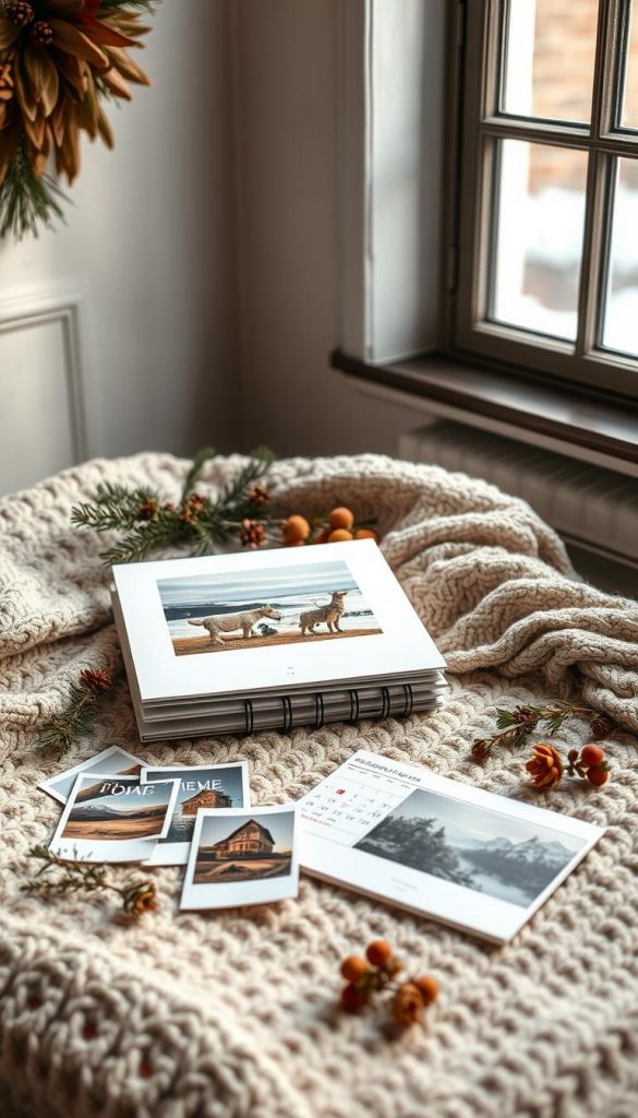 An elegant and rustic photo calendar featuring warm winter tones and a handcrafted aesthetic. A stack of KlickKiste photo books and polaroids laid out on a cozy knitted blanket, with pine branches, holly, and dried flowers scattered around. Soft natural lighting from a large window casts a gentle glow, creating a soothing, Pinterest-inspired ambiance. The calendar pages showcase a range of landscape and portrait-oriented images, showcasing the versatility of the format. Subtle textures and a vintage-inspired color palette convey a sense of timelessness and homemade charm.