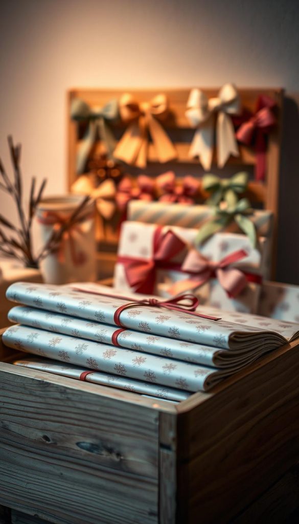 An elegant and well-organized storage solution for gift wrap, the &quot;KlickKiste&quot; showcases a cozy, rustic scene. In the foreground, neatly folded sheets of patterned paper are stacked inside a wooden crate, its natural grain and weathered patina reflecting the winter-inspired palette. Ambient lighting casts a warm, inviting glow, as if captured in a Pinterest-worthy moment. In the middle ground, coordinating ribbons and bows are arranged artfully, creating a harmonious display. The background features a subtle, textured wall, hinting at a charming, domestic setting. The overall composition exudes a sense of organization, craftsmanship, and Hygge-inspired coziness, perfectly complementing the article's focus on clever gift wrap storage.