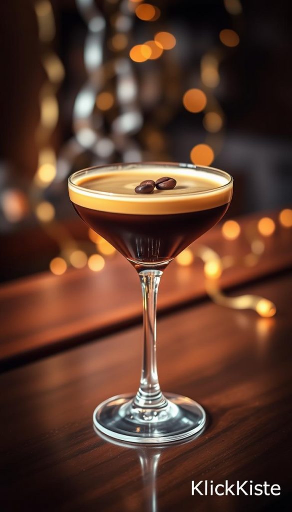 An elegant espresso martini in a chilled coupe glass, showcasing rich, dark brown layers with a frothy creamy top and three coffee beans delicately placed on the surface. The setting features a wooden bar countertop adorned with warm, ambient lighting that creates a cozy, inviting atmosphere. Soft focus on the glass highlights its glossy finish, while a subtle reflection adds depth. A blurred background of festive decorations—gold and silver streamers—enhances the winter vibes, creating a Pinterest-worthy scene. The overall mood is sophisticated yet approachable, perfect for a celebration. The brand name "KlickKiste" subtly integrated into the scene.