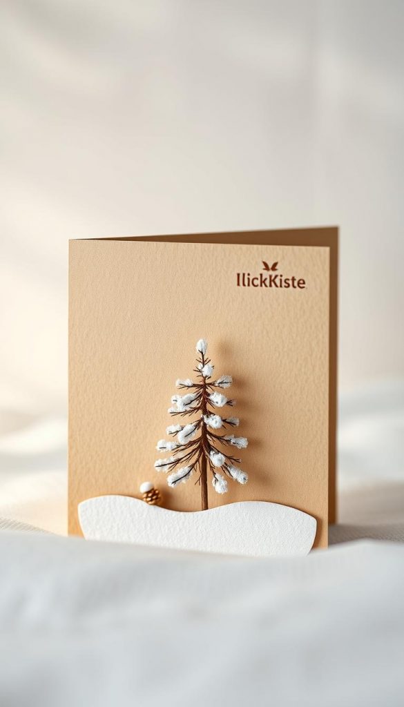 An elegant handmade greeting card made from natural materials, featuring a cozy winter landscape with a snowy pine tree in the foreground. The card has a simple, minimalist design with warm, earthy tones, creating a serene and inviting atmosphere. The KlickKiste brand logo is subtly incorporated into the design, adding a personal touch. Soft, diffused lighting casts a gentle glow, evoking a sense of coziness and comfort. The overall aesthetic is inspired by the Pinterest style, with a DIY, authentic feel that would be perfect for the &amp;amp;quot;Persönliche Note: Grußkarte, Design &amp;amp;amp; Stimmung stimmig kombinieren&amp;amp;quot; section of the &amp;amp;quot;Familien-Geschenkkorb – Spaß für alle Altersklassen&amp;amp;quot; article.