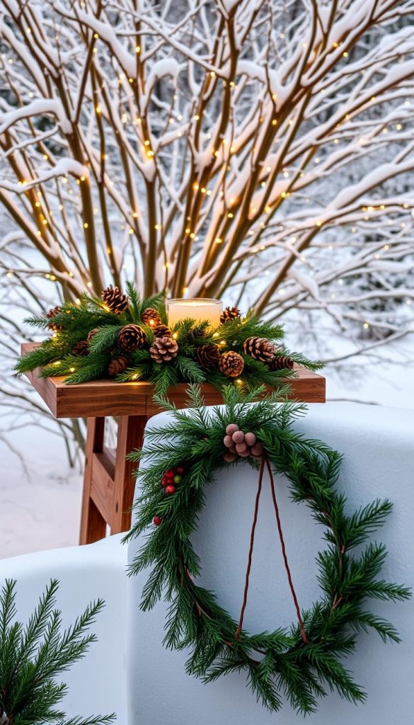 An elegant outdoor decoration with a natural, cozy atmosphere. A rustic wooden table adorned with lush greenery, pinecones, and warm twinkling lights, set against a backdrop of snow-covered branches. The lighting casts a soft, golden glow, creating a inviting and festive ambiance. In the foreground, a simple wreath of pine needles and berries hangs on the wall, complementing the overall winter wonderland aesthetic. The overall composition conveys a sense of simplicity, authenticity, and a touch of whimsy, inspiring a peaceful and joyful mood. An elegant outdoor decoration with a natural, cozy atmosphere. A rustic wooden table adorned with lush greenery, pinecones, and warm twinkling lights, set against a backdrop of snow-covered branches. The lighting casts a soft, golden glow, creating a inviting and festive ambiance. In the foreground, a simple wreath of pine needles and berries hangs on the wall, complementing the overall winter wonderland aesthetic. The overall composition conveys a sense of simplicity, authenticity, and a touch of whimsy, inspiring a peaceful and joyful mood.