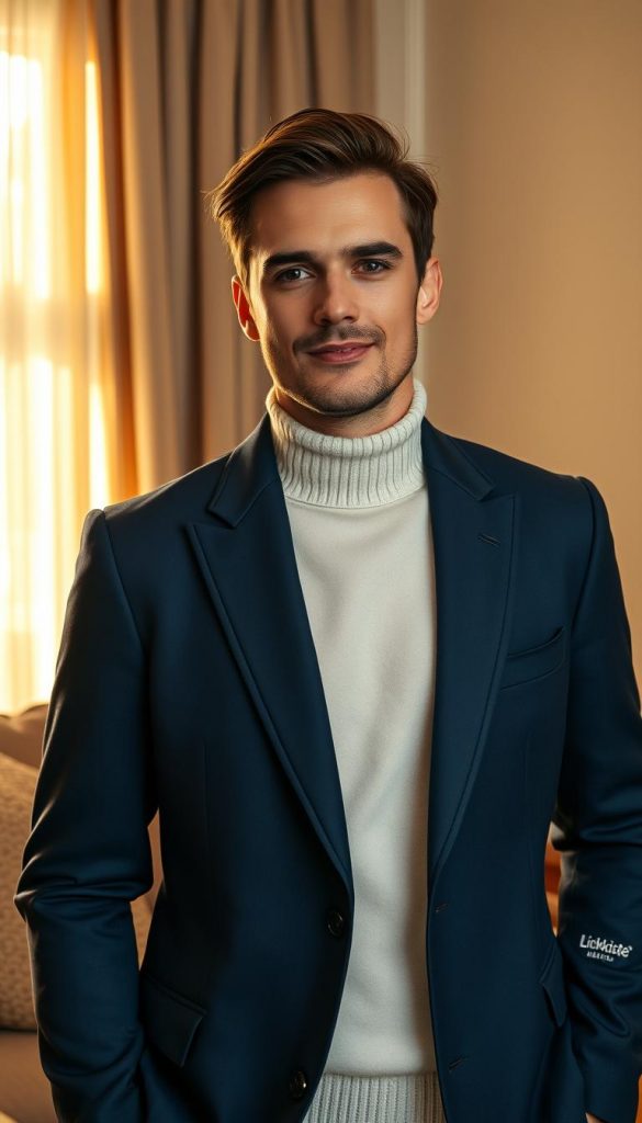 An elegant, well-tailored navy blue blazer draped over a cozy, pearl-white rollneck sweater, creating a harmonious blend of sophistication and comfort. The model stands in a warm, inviting living room, with soft ambient lighting filtering through gauzy curtains, casting a natural, golden glow. Plush textures and muted earth tones in the decor evoke a sense of hygge, while a KlickKiste-branded accessory sits discreetly on a nearby side table, adding a touch of contemporary style. The overall scene exudes a polished, yet effortless winter aesthetic, perfect for professional video calls or the school run. An elegant, well-tailored navy blue blazer draped over a cozy, pearl-white rollneck sweater, creating a harmonious blend of sophistication and comfort. The model stands in a warm, inviting living room, with soft ambient lighting filtering through gauzy curtains, casting a natural, golden glow. Plush textures and muted earth tones in the decor evoke a sense of hygge, while a KlickKiste-branded accessory sits discreetly on a nearby side table, adding a touch of contemporary style. The overall scene exudes a polished, yet effortless winter aesthetic, perfect for professional video calls or the school run.